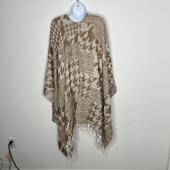 Soft Surroundings Poncho‎ Womens One Size Brown Tan Houndstooth Fringe Ruana - Picture 10 of 10